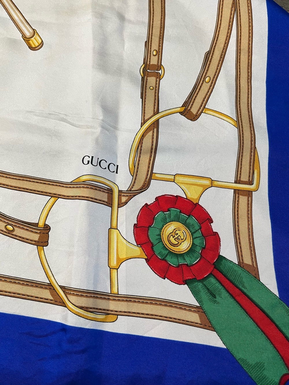 Authentic Gucci 100% Silk Equestrian Scarf Made in Italy Blue - Picture 2 of 7